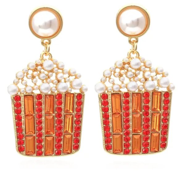 Jewelry - Gold Popcorn Bucket Dangle Pearl‎ Earrings, Movies, Movie Night, Premier, Gift